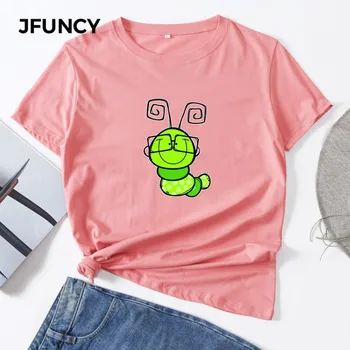 JFUNCY Plus Izmēra 5XL Vasaras Sieviešu Kokvilnas T Krekls Karikatūra Caterpillar Drukāt Grafiskais T-krekls ar Īsām Piedurknēm, Sieviešu Topi 