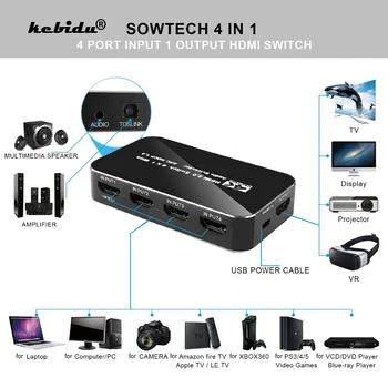 4X1 HDMI-saderīgam Slēdzis ar Audio Optical TOSLINK Ultra HD 4) Ostas 4Kx2K HDMI-saderīgam Pārslēdzēja Kārbas Atbalsta LOKA 3D 1080p