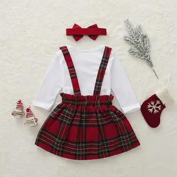 Jaundzimušo Ziemassvētku Apģērbs Mazulim Meitene ar garām Piedurknēm Romper Top +Siksniņa Izšūta Kleita+Zīdaiņu Cepures Meitene Puse Tērpiem Komplekts 0-24M