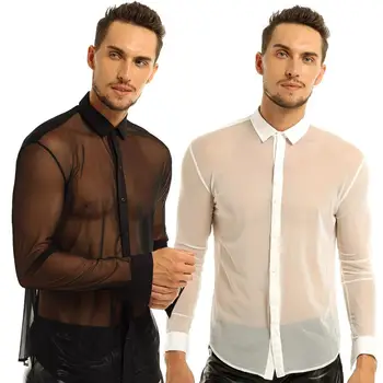 Caurspīdīgs Krekls Mens Fashion Redzēt Caur Sietu Krekls ar garām Piedurknēm Clubwear Soft Top Krekls Puse Balli Laulību Gadījumā Krekls