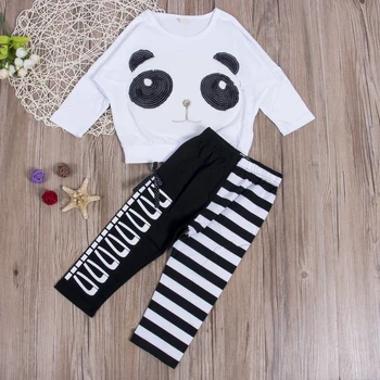 Toddler Bērniem Bērniem Bērnu Meitenes 2gab Panda garām Piedurknēm T-krekls +Svītrains Loku Stulpiņi Apģērbs, Apģērbu Komplekts
