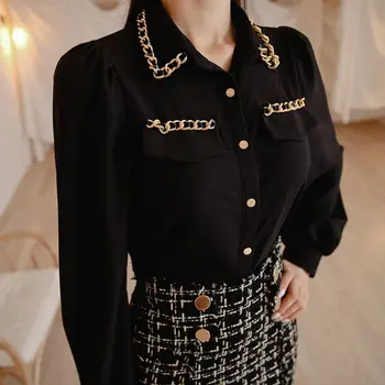 Pavasarī Divi Gabali Komplekts Sievietēm Laternu Piedurknēm Melna Šifona Blūze Un Tvīda Pleds Zīmuli Svārki Eleganti Korejas Biroja Dāma Uzvalks