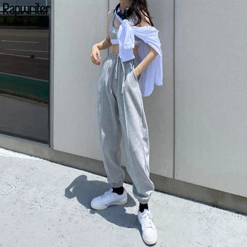 Rapwriter Vasaras Gadījuma Aukliņu Augstās Jostasvietas Bikses Pelēkā Streetwear Joggers Sieviešu korejiešu Stilā Treniņbikses Kapri Bikses Apakšā