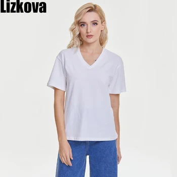 Lizkova Kokvilnas Sieviešu Tshirts Balts V-veida kakla Īsām Piedurknēm Mujer Camisetas 2021. Gada Pavasarī tīrtoņa Krāsu Soft Gadījuma Topi 6001