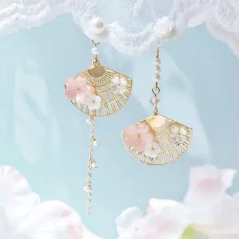S925 ventilators kulons auskari Japāņu Mori super pasaku shell ziedu pērļu auskari vēdekļveida asimetrisks ziedu auskari