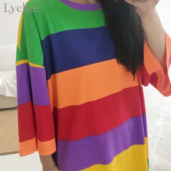 Līčija Moderns Krāsu Svītras Sievietes Garš T-Krekls Varavīksnes Īsām Piedurknēm O-Veida Kakla Sieviešu T Krekls Gadījuma Zaudēt Tee Augšu