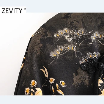 Zevity Ķīniešu Stilā Jaunu Sieviešu Vintage Īsām Piedurknēm Drukas Līnija Mini Kleita Sieviešu Retro Stand Apkakli Šiks Sprādzes Vestido DS4577