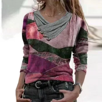 3XL Vintage Modelis Drukāt Sievietes, V-veida Kakla Topi Pavasara Gadījuma Pogu Long Sleeve Tee Kreklu Rudens Brīvs T Krekli Džemperi sporta Krekls