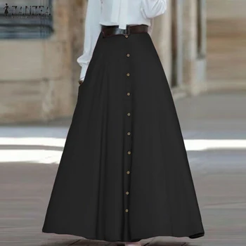 Sieviešu Garo Maxi Svārki Eleganti Augsts Viduklis-line Svārki ZANZEA ir 2021. Vintage Pogas uz Leju Faldas Mujer Gadījuma Kabatas Jupe Femme