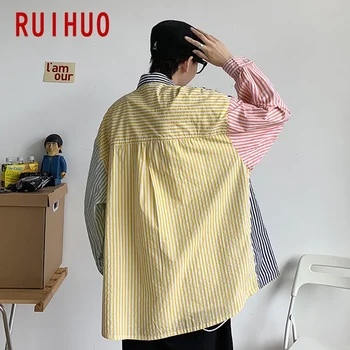 RUIHUO Svītrainām Krekli Vīriešu Apģērbu korejiešu Stila Vīriešu Krekls ar garām Piedurknēm Harajuku Svītrainām Krekls Vīriešiem Topi 2XL 2021. gada Pavasarī