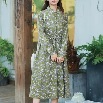 Korejas Saldi Sievietes Ilgi, Eleganta Kleita Ar Ziedu Drukāt Mežģīnes Up Gadījuma Dāmas Midi Kleita Vintage Velveta Krāšņs Kokvilnas Cute Kleitu