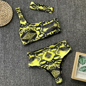 Sieviešu Augstais Viduklis Bikini Komplekts Peldkostīmi Čūskas Ādas Izdrukāt Vienu Plecu Peldkostīmu Dāmas Beachwear peldkostīms, Peldēšana Sexy Tērps