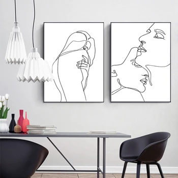 Sienas Mākslas Audekls Gleznošanai Ziemeļvalstu Plakātu Izdrukas Abstraktu Līniju Zīmēšanas Mīlestība Kiss Sexy Girl Bildes Dzīvojamā Istaba Moduļu Mājas Dekoru
