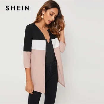 SHEIN Colorblock Apaļu Kakla griezt Un Šūt Atvērt Priekšējo Pamata Mētelis Sievietēm 2019 Rudens 3/4 Garuma Piedurknes Dāmas Gadījuma Outwear Mēteļi