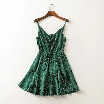 Sexy V-neck vasaras zaļā polka punktiņi straghetti backless mini kleita pārdošanas vestido WL03
