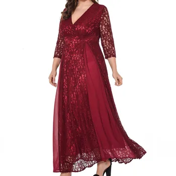 Mežģīnes, Sexy Sievietes kleitu Trīs Ceturtdaļu Piedurknēm Rudens Ziemas eleganta kleita Puse Gadījuma V-veida Kakla Dāmas Kleitas plus lieluma droship