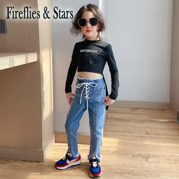 Pavasara Rudens meiteņu džinsi bērnu džinsa bikses bērnu bikses bērnu dibeni modes streetwear krusta cilpu ripped slīdēšanas 3 līdz 12 g
