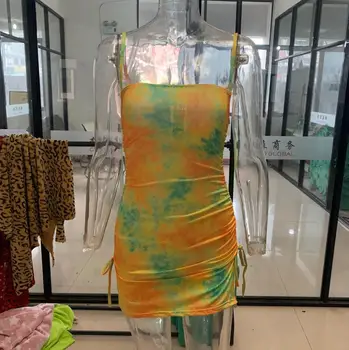 2020. Gadā Tie Krāsošanas Ruched Apsēju, Seksīga Mini Kleita Vasaras Sieviešu Modes Streetwear Tērpiem Kluba Sundress Bez Piedurknēm, Īsu Kleitu