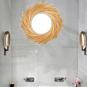 Saule Formas Dekoratīvs Spogulis Rattan Inovatīvu Mākslas Apdares Kārta Aplauzums Spogulis H55A