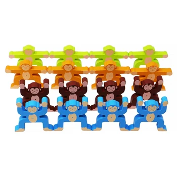 Koka Pērtiķiem Savienojas Rotaļlietas Līdzsvaru Kraušanas Augstās Celtniecības Bloki Spēles Toddler Izglītības 3D Puzzle Rotaļlietas 16 Gabali