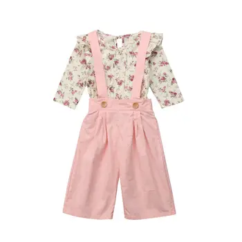 Toddler Bērniem, Baby Meitene Ziedu Garām Piedurknēm Topi, Kombinezoni Ar Krūšdaļu Siksna Bikses (Dungriņi) Apģērbs Apģērbs