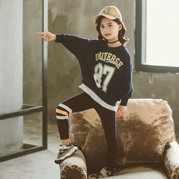 Bērniem Meitene Apģērbu Komplekts ar garām Piedurknēm Vēstuli Raibs Krekls+Elsas Legging 2GAB Aktīvo Tracksuit Sporta Drēbes Bērniem