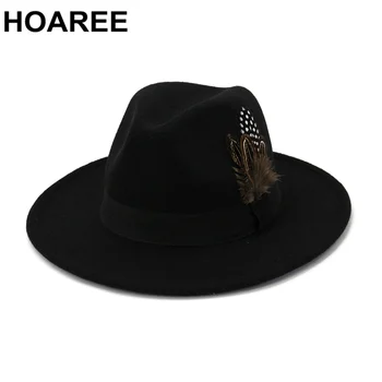 HOAREE, Balta Vilna Vintage Trilby Jutos Fedora Cepuri ar Spalvu Sievietes Vīrieši Baznīcas Cepures Platām Malām, Vīriešu, Sieviešu Rudens Džeza Vāciņi