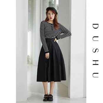 DUSHU Plus lieluma augsta vidukļa kroku svārki Sievietēm gadījuma streetwear-line ilgi svārki Rudens ziemas kabatas sieviešu vintage svārki