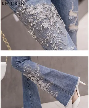 3D Izšuvumi, Ziedu Frēzēšana Pērles Džinsi Sievietēm Izlīdzināšanu Bikses Gadījuma Elastīgs Augsto Vidukli, Plus Lieluma Džinsa auduma Garās Bikses, Gaiši Zils