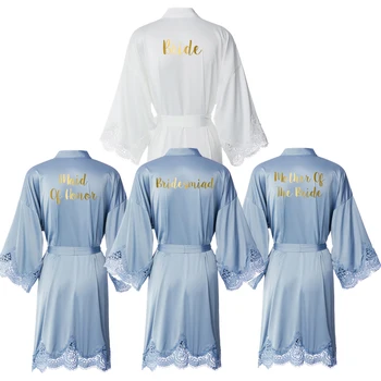 Putekļainās Zilā Jaunu Matēta Satīna Mežģīnes Drēbes ar Trim Kleita Līgavas Kāzu Līgava Halāti, Līgavas Kimono Drēbes Līgavas Tērpu