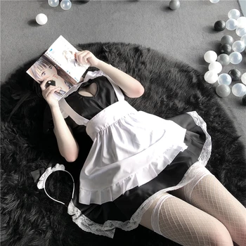 Gothic Gudrs Mežģīnes Up Melnā un Baltā Meitene Kleita Lomu spēļu Kostīmu Pārredzamu Šifons Cosplay Anime Vienotu Kārdinājumam Uzvalks Sexy