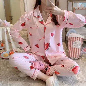 Kawaii Pidžamu Sieviešu Kokvilnas Pyjama Femme Mājas Drēbes Sievietēm Pavasara Mājas Tērps ar garām Piedurknēm Sleepwear Augļi Drukāt Pidžamas