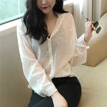 Modes 2019. gada pavasarī šifona sieviešu krekls cēloņu drukāt zvaigznes sieviešu krekls ar garām piedurknēm sieviešu topi un blūzes blusas G376