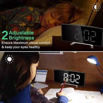 Digitālais Modinātājs, 7 Collu Izliektu Aptumšojami LED Ekrāns, Ciparu Pulkstenis Bērniem, Guļamistaba, Balts Lielu Skaitu Pulkstenis, Snaudas Funkciju