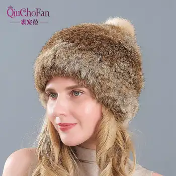 Augstas Kvalitātes Modes Ziemas Cepures Sievietēm Trušu Kažokādas Beanie Adīšanas Vilnas Dabīgās Kažokādas Gadījuma Cute Meitenes Klp Bez Iepirkšanās