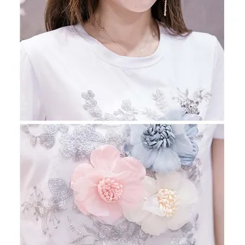 Karstā Vasaras Sievietēm Komplekti Modes Īsām Piedurknēm T-Krekls Un Caurumu Bikses, Džinsi, Divas-gabals, kas Sieviešu Izšuvumi 3D Ziedu Ikdienas Uzvalki