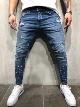 Streetwear hip hop vīriešiem zila ceļa Ripped Izdilis džinsi vīriešu iznīcināta Stiept kokvilnas Motociklu Joggers džinsa bikses Plus Izmērs XXXL