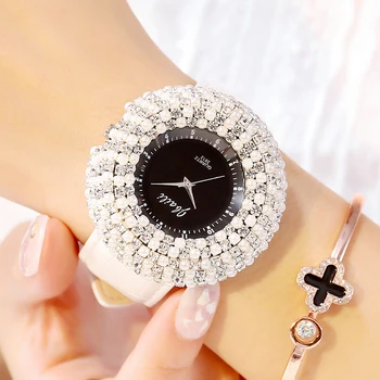 Luksusa Sievietēm Skatīties Apli Crystal Black Dial Big Diamond Dāmas Rokas Pulksteņi Sieviešu Ādas Siksna Modes Rhinestone Pulkstenis