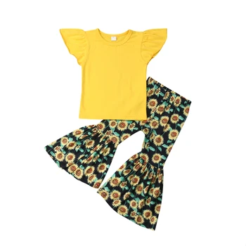 1-6Y Toddler Bērniem, Baby Meitenes šortiņos Ruffles bez Piedurknēm, Dzeltena T-krekls Top Saulespuķu Uzliesmoja Elsas Bell grunts 2GAB Drēbes