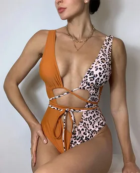 Sexy Print Viengabala Peldkostīmi High Cut Peldkostīmi Sieviešu Krusta Apsēju Bodysuits Leopard Savārstījums Ir 2021. Sexy Backless Peldētāju