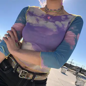 Blue sky cloud print acs t sievietēm kultūraugu top caurspīdīgs gadījuma vasaras t-krekls 2019 raibs sexy tee kreklu femme Camiseta