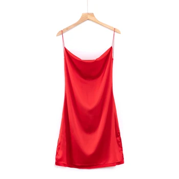 Vasaras slīdēšanas kleitu gadījuma sexy satīna kleita sarkanā spageti siksnas backless kleitas sieviete puse nakts