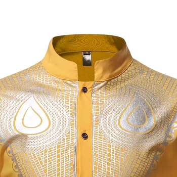 Luksusa Āfrikas Zelta Drukāts Apģērbu Vīriešiem Dashiki Valsts Bazin Bagāta Kāzu Kleitu Krekli Vīriešu Mandarīnu Apkakles Āfrikas Apģērbi