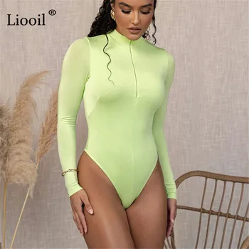 Liooil Black Sexy Bodysuit Zip Up Ķermeņa Tērpi Topi Sievietēm Ir 2021. Garām Piedurknēm O Kakla Puse Bodycon Kombinezonus Balts Kluba Jumpsuit