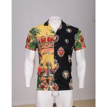 Krekls Vīriešiem Vintage Vainagu Drukāts Krekli Slim Īsām Piedurknēm Vasaras Havaju Brīvdienas Puse Ikdienas Krekli Camisa Zaudēt Vīriešu Krekls