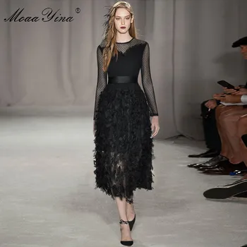 MoaaYina Modes Dizainera kleita Pavasara Sieviešu Kleita ar garām piedurknēm Acs mežģīnes-up Black Pušķis Puse Kleitas