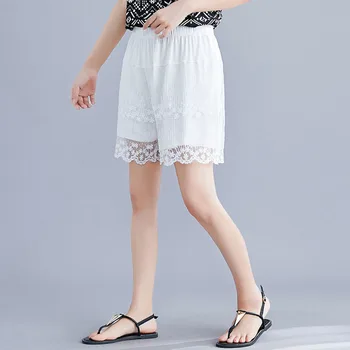 5 XL Plus Lieluma Bikses Sievietēm Vasarā Stilu Zaudēt Elastīgs Viduklis Gadījuma Mežģīņu Šorti Melni Baltā NQYL107