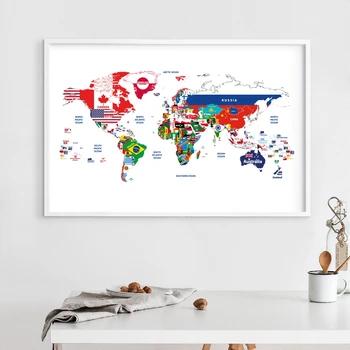 Pasaules kartes Plakātu Savienota ar Valstu Karogiem Audekls Mākslas Izdrukas Radošo Kartes Krāsošana Sienas Attēlu viesistaba, Mājas Dekoru