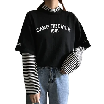 Harajuku garām piedurknēm t-krekls Pavasara Jaunu kpop sieviešu top ulzzang brīvs savvaļas gadījuma augsta kakla viltus divdaļīga tee-krekls S-2XL