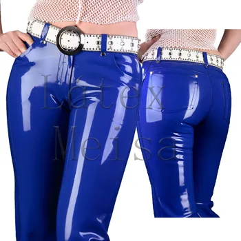 Pasūtījuma pielāgoti zilā taisnas bikses sieviešu lateksa džinsi ar tuvo vidukļa dizaina izslēgt josta izgatavots no reālas un dabiskā lateksa